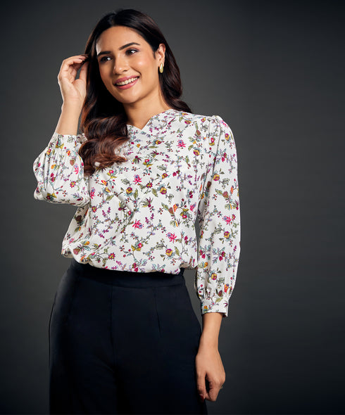 Side Pleated Printed Chiffon Top